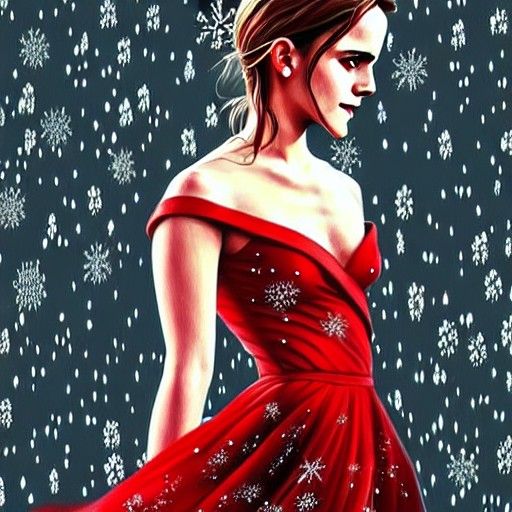 Emma Watson in Red Dress in Snow, Digital Art
