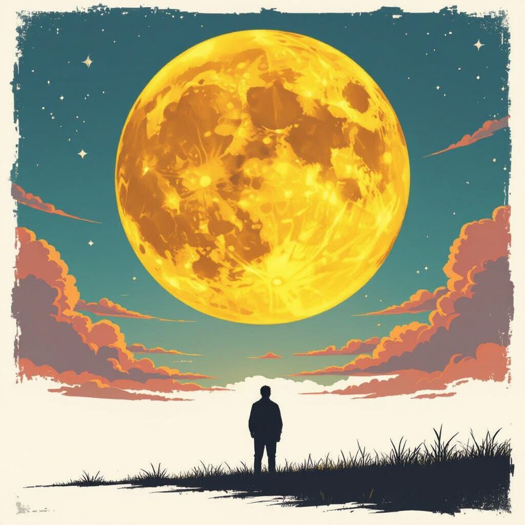 Man Silhouetted Against a Hyperrealistic Moon