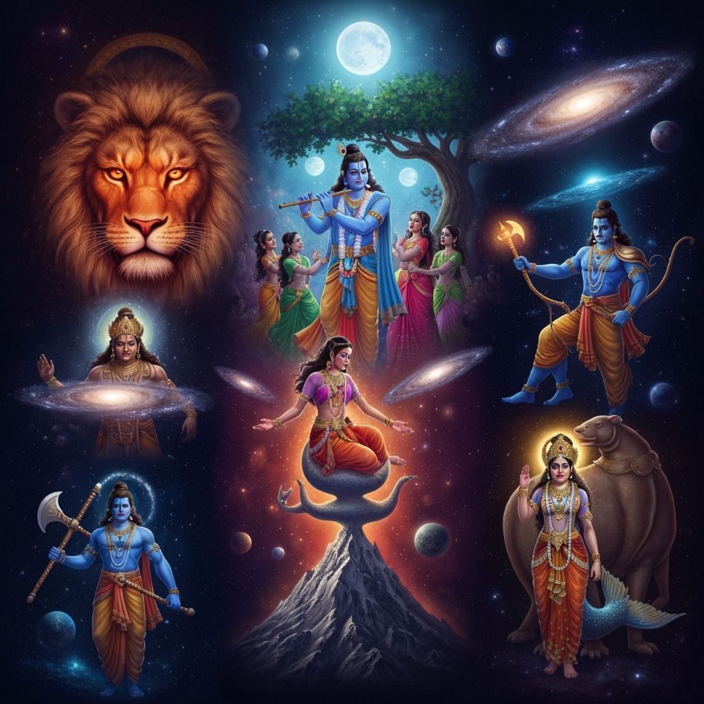 Vishnu's Avatars: A Surreal Fusion in Fantasy Art