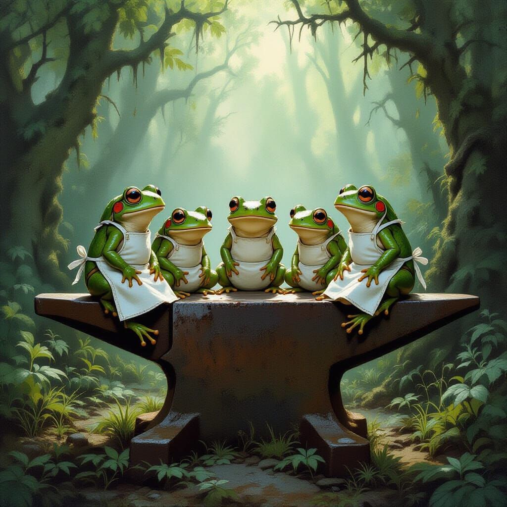 Frogs on Anvil in Mystical Forest, Fantasy Art
