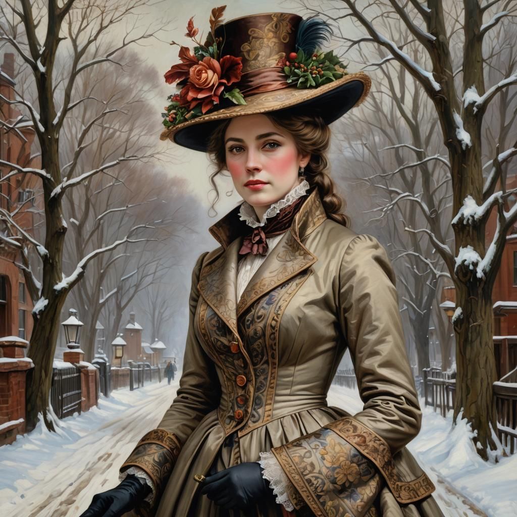 Victorian Lady in Winter Outfit: Hyperrealistic Oil Painting