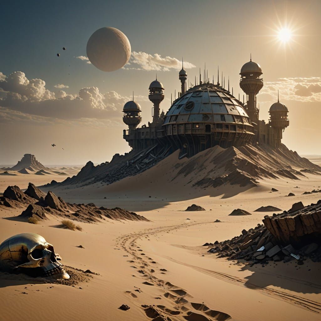 Eroded Steampunk Fortress in Dune Desert Landscape