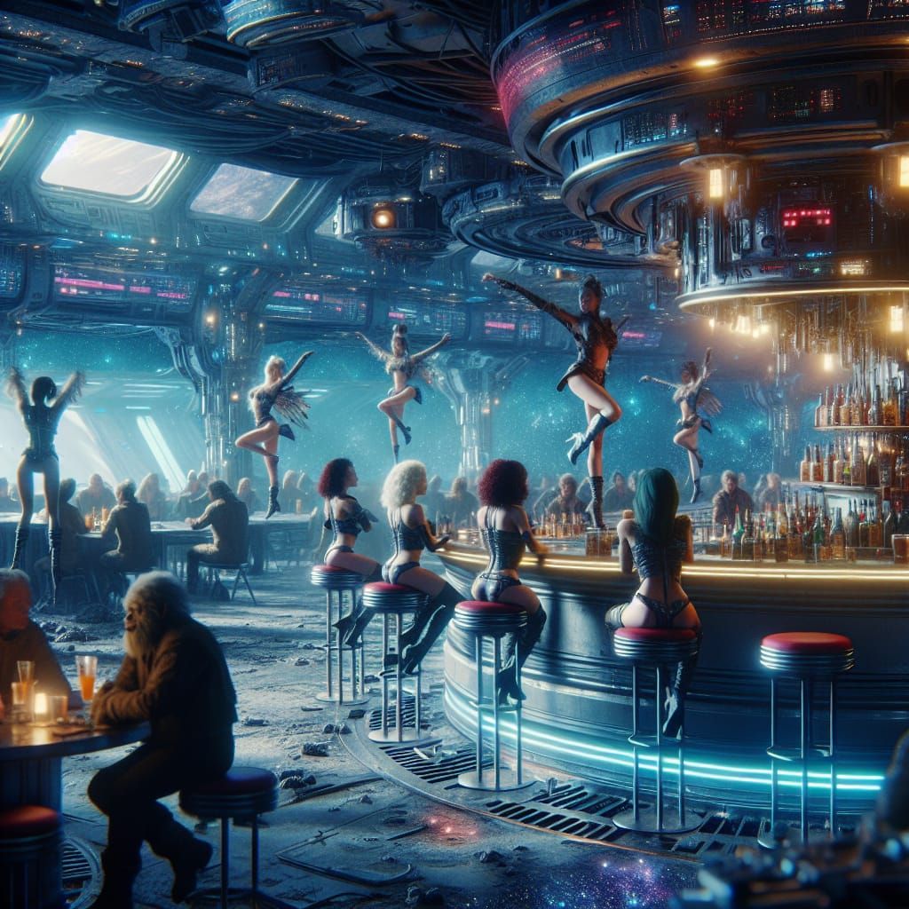 Cosmic Saloon: Space Station Bar Scene in Ultrarealism