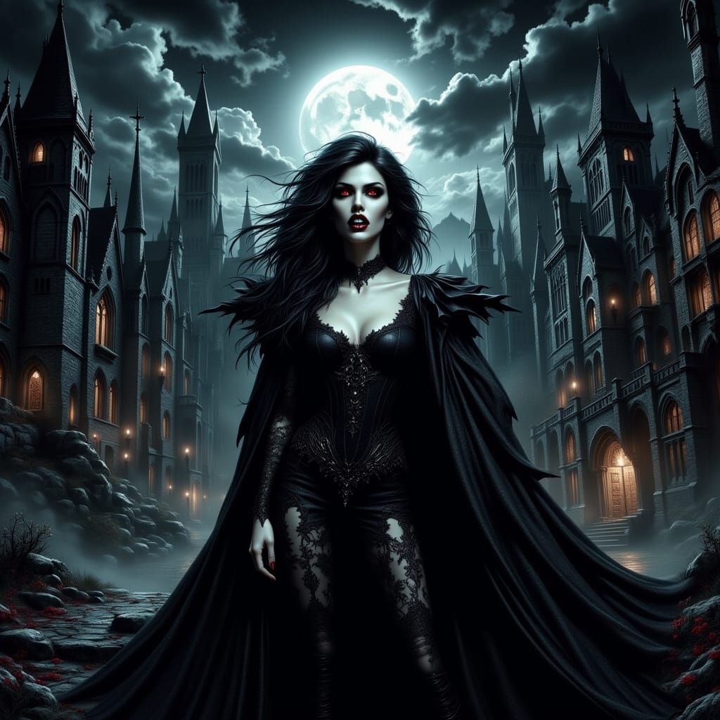 Regal Gothic Vampire in Moonlit Castle