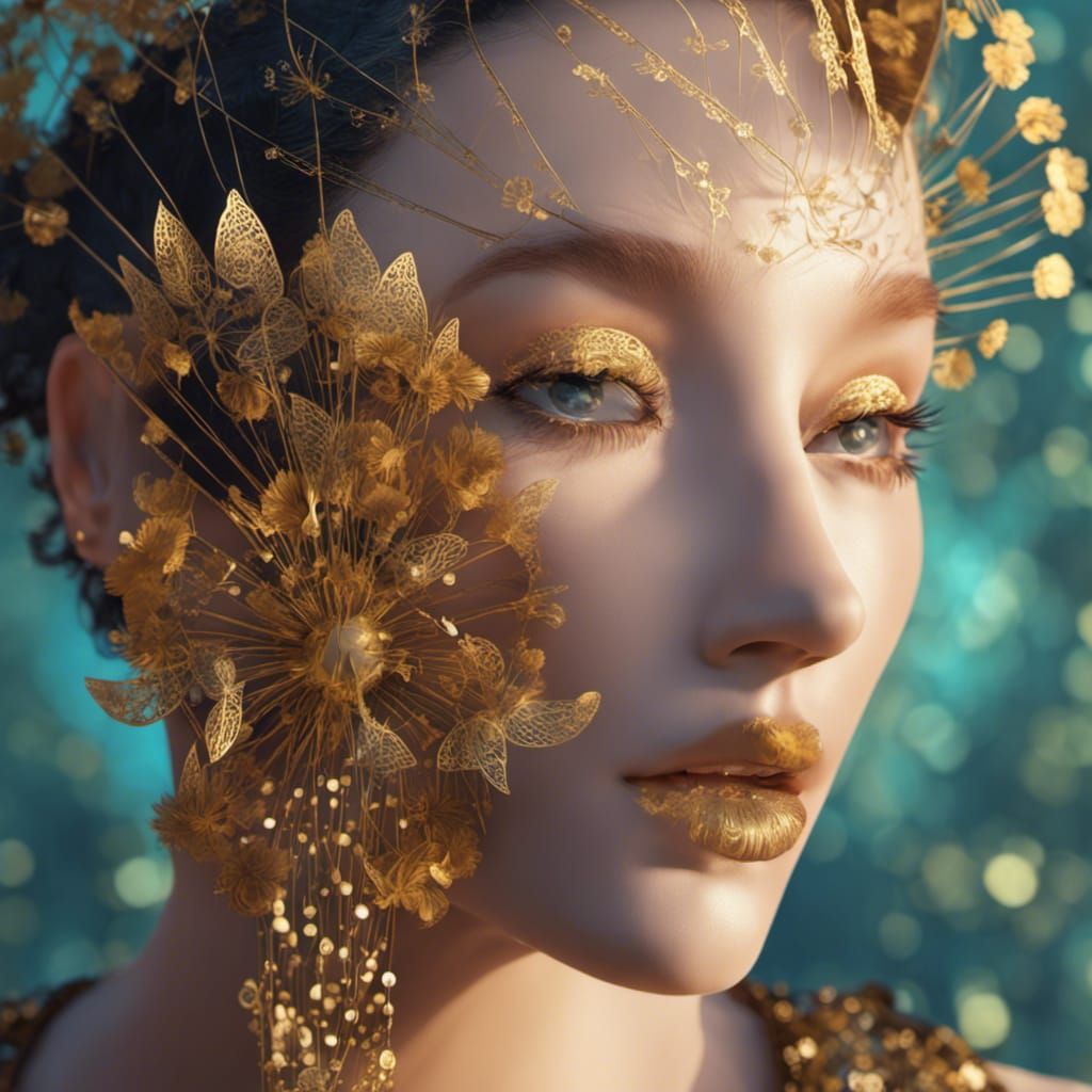 whimsical dandelion fairy made of numbers Gerald Brom deep color pre-raphaelitism filigree golden hour LightWave 3D irid...