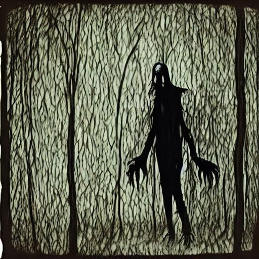 Eerie Creature Peeks from Woods in Dark Horror Style