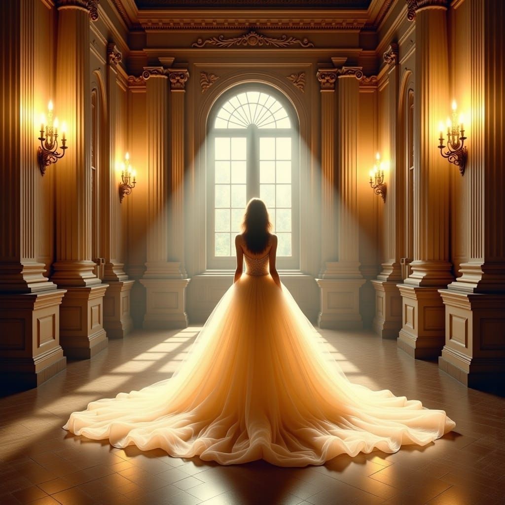 Beautiful girl in long dress with train standing in spacious...