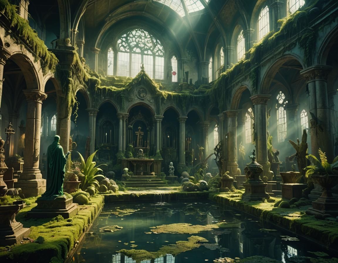 Abandoned Church Interior with Crystal Statue