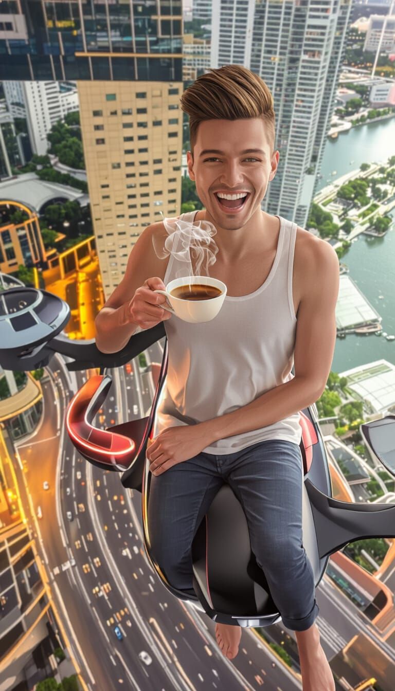 Joyful Person Laughing on Flying Drone Over Singapore