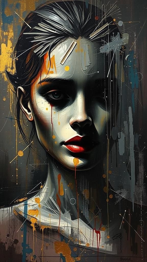 Vibrant, textured portrait of a woman's face, captured in bo...