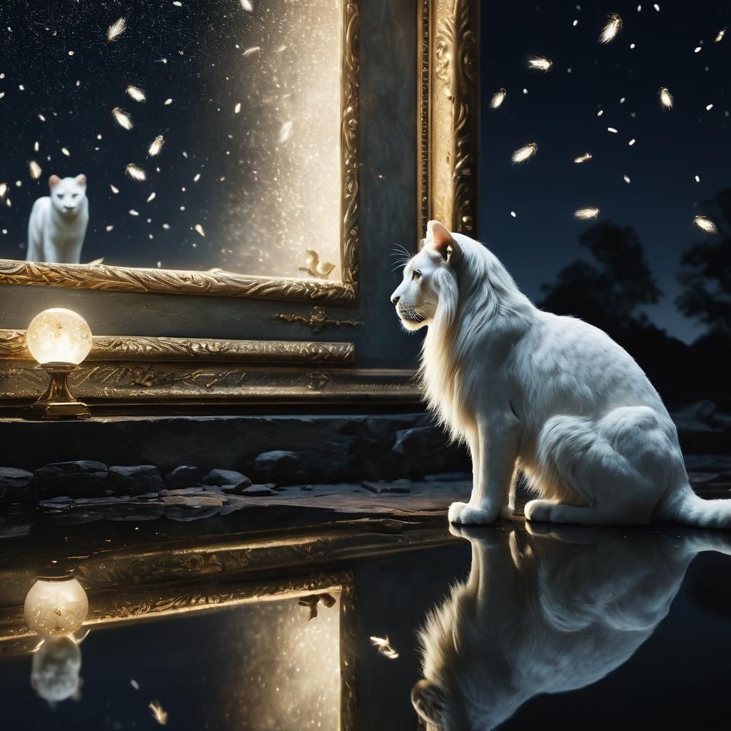 Cat and Lion Reflection in Fanciful Realism