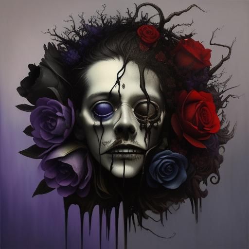 Surreal Severed Head with Blooming Flowers