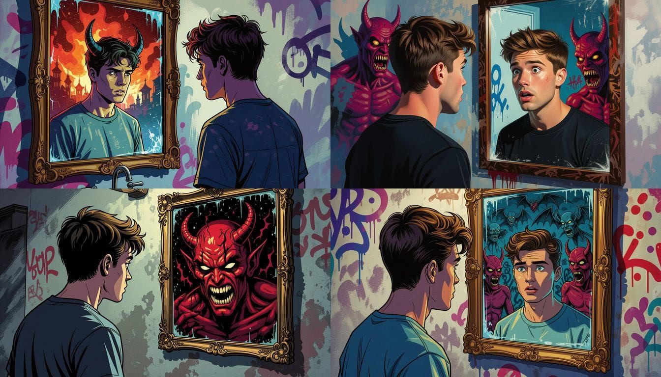 Man Horrified by Demon World in Mirror, Comic Art Style