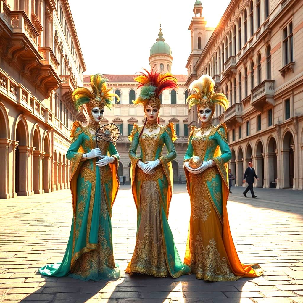 Three elegantly dressed figures in Venetian carnival costume...