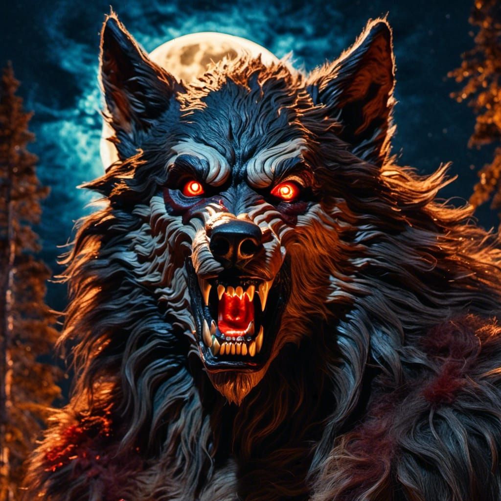 <lora:Fierce Werewolf:1.0> anthropomorphic werewolf portrait impasto oil painting with thick heavy brush strokes creatin...
