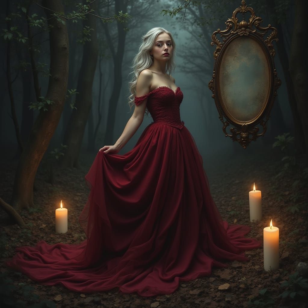 Gothic Woman in Misty Forest with Candlelight
