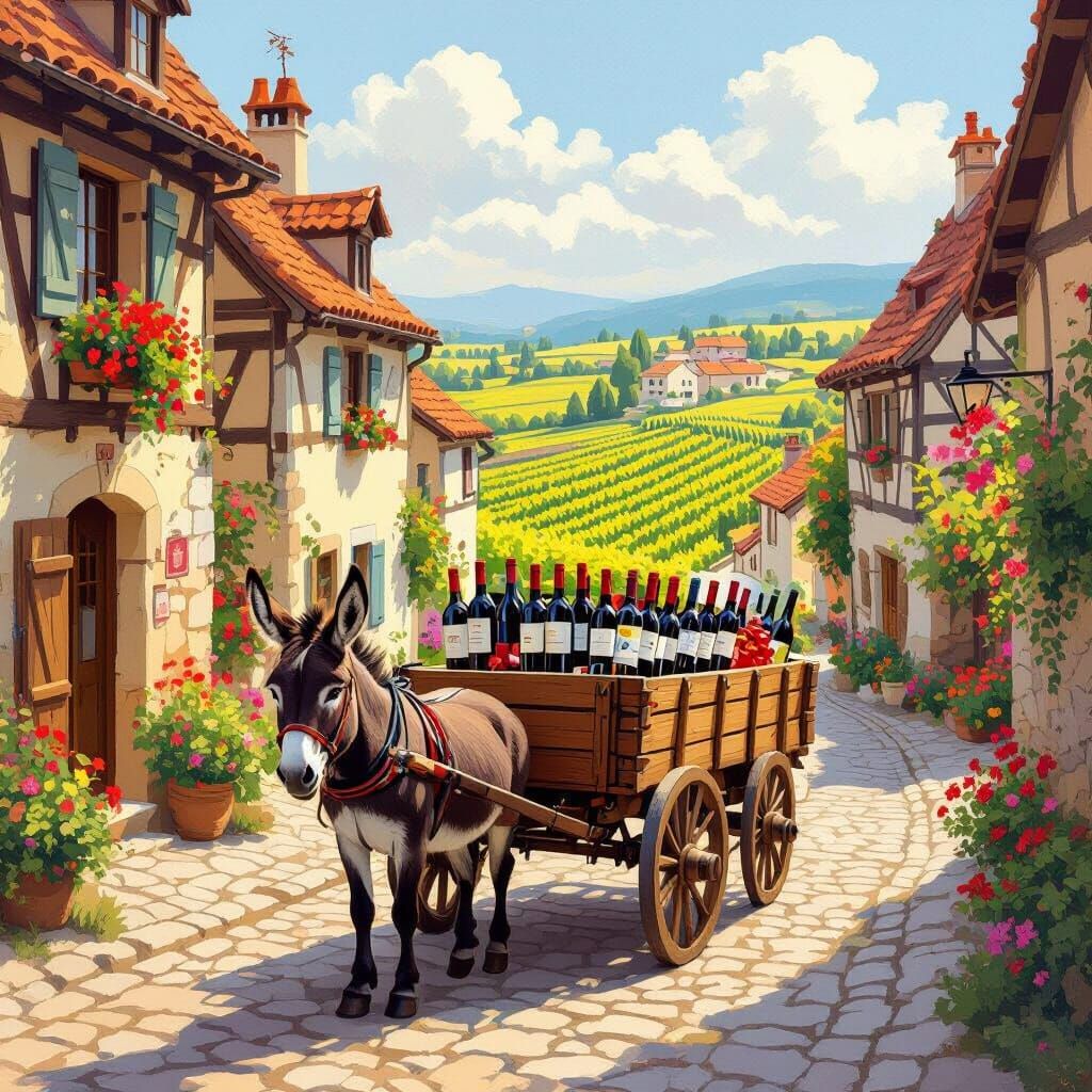 Charming French Village Wine Delivery by Donkey Cart