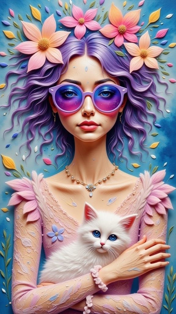 Dreamy Bohemian Goddess with Whimsical Kitten