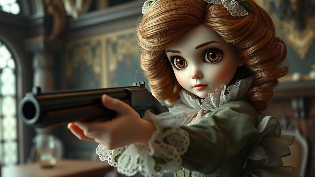 Whimsical Victorian Doll Waifu in a Gothic Boardroom