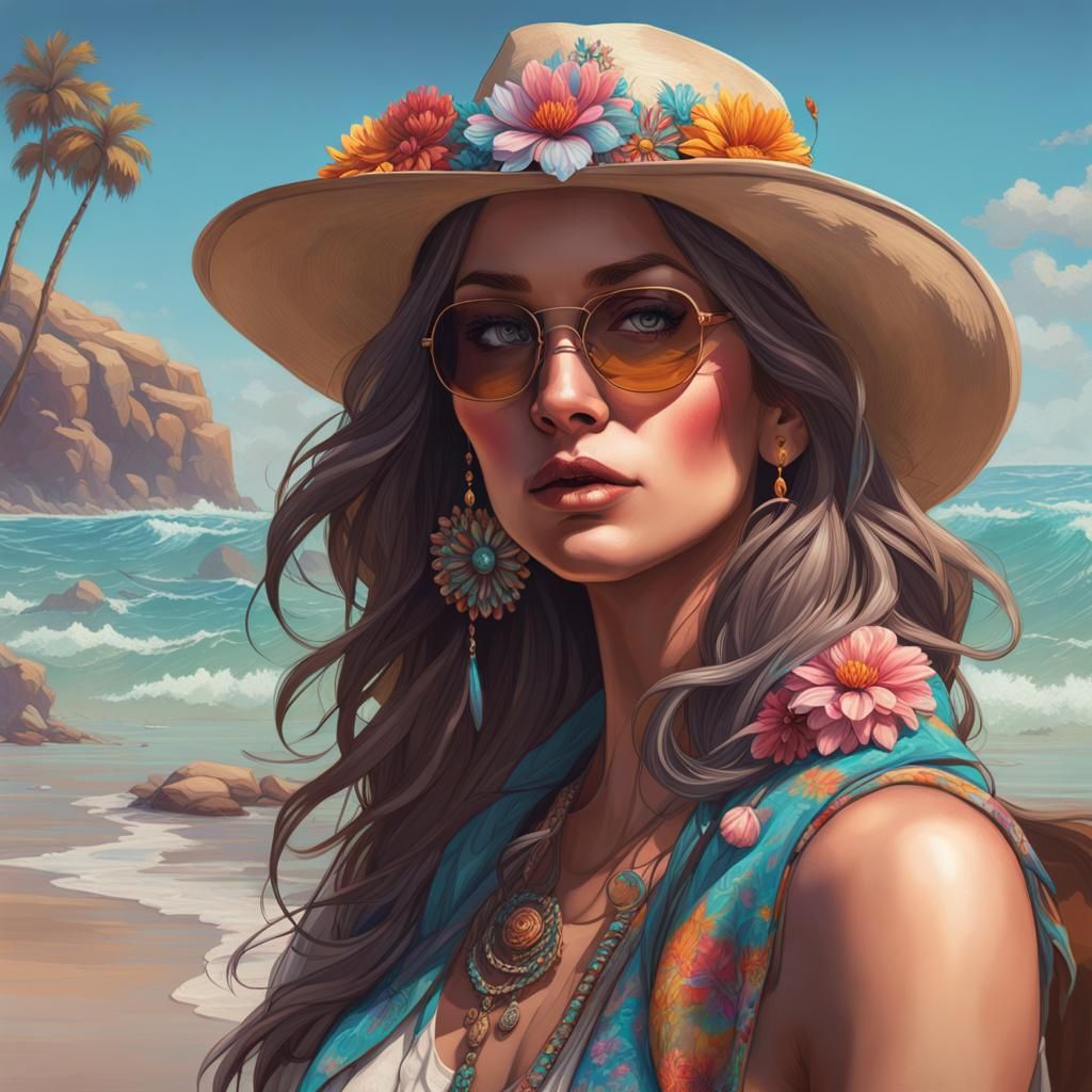 Retro Texas Beach Scene with Hippie Cowgirl