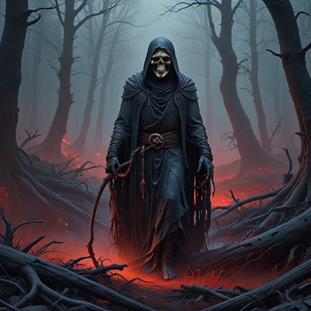 Dark Grim Reaper Emerges from Crimson Mist in Haunting Fores...