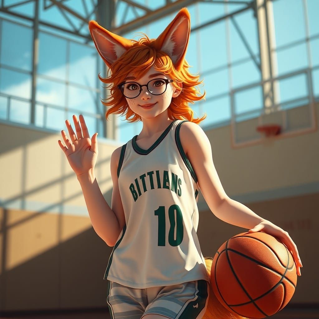 Ginger Fox Hybrid Girl Plays Basketball in Gym
