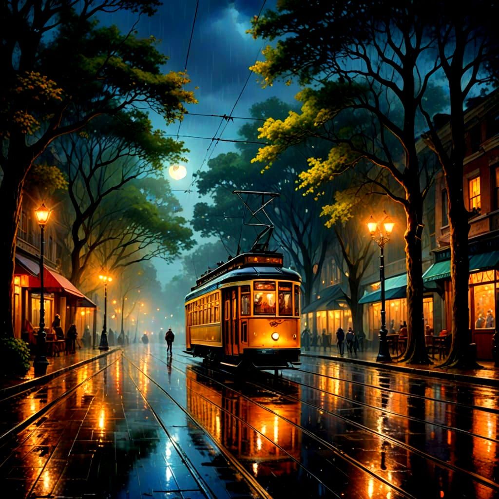 Ethereal Nighttime Tram Scene in Whimsical Hyperdetail