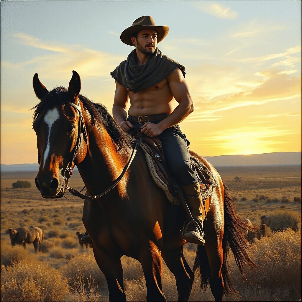 Argentinian Gaucho Rides Horse at Sunset as Oil Painting