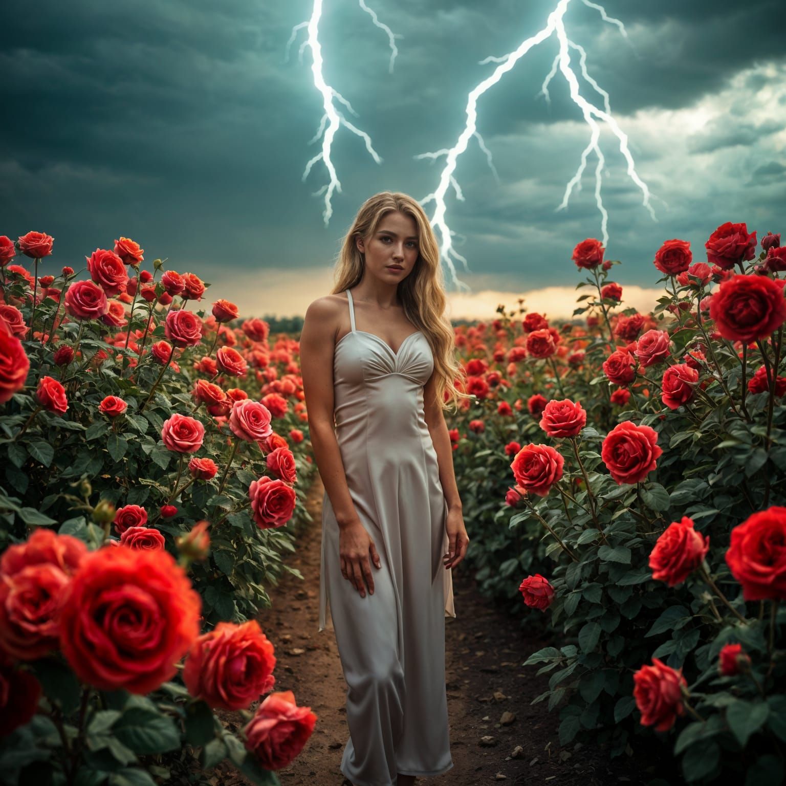 Woman in Rose Garden During Thunderstorm