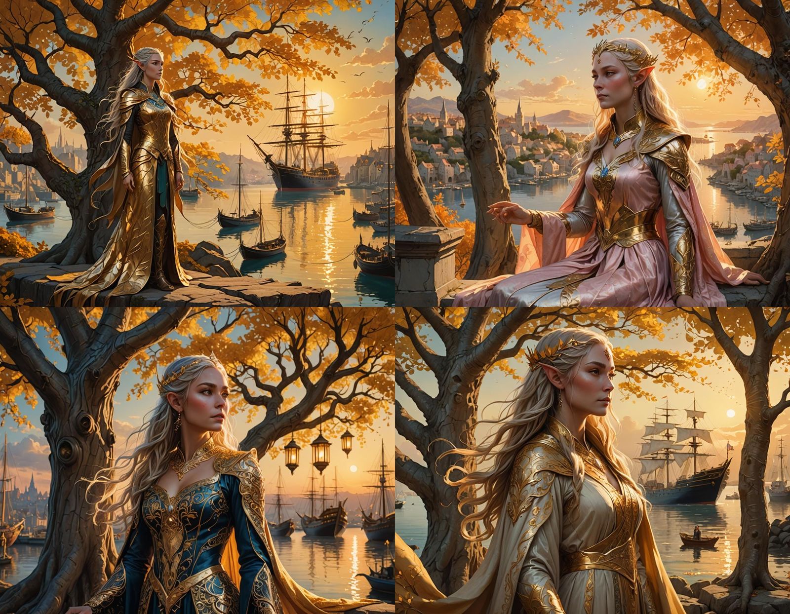 Elven Queen Watching Harbor at Sunset