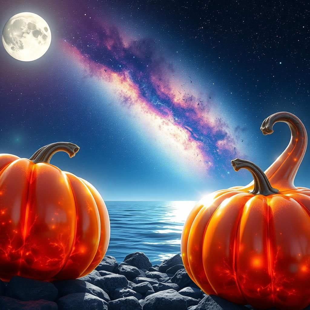 Galactic Gourds on Pacific Shore: Dark Fantasy Art