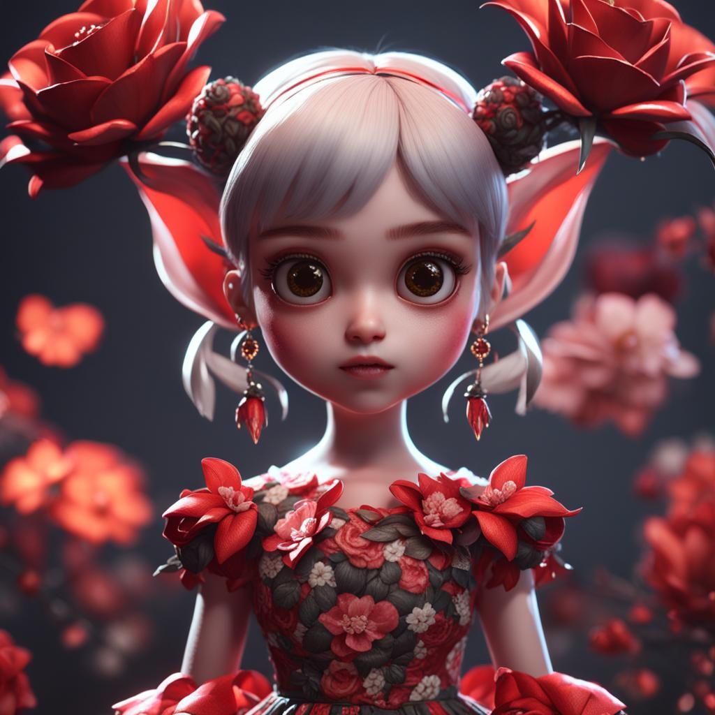 cute female devil wearing flower dress, big eyes, 8k, unreal engine.