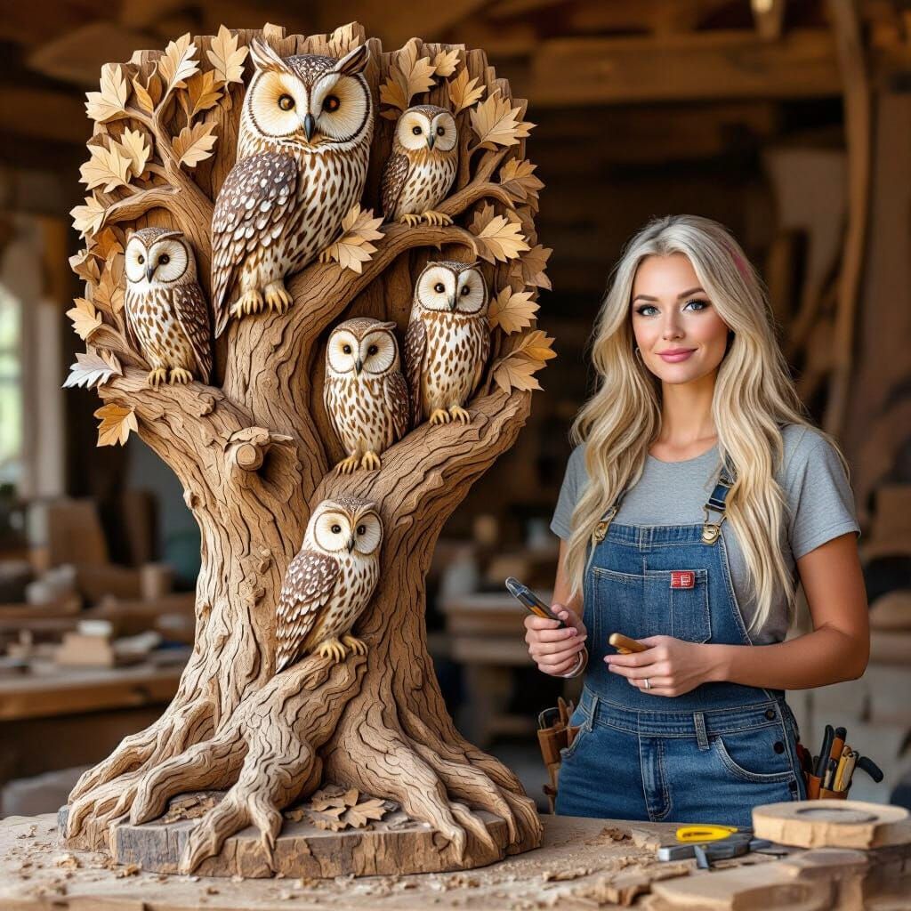 Wooden Tree Sculpture with Owls by Boho Woodworker