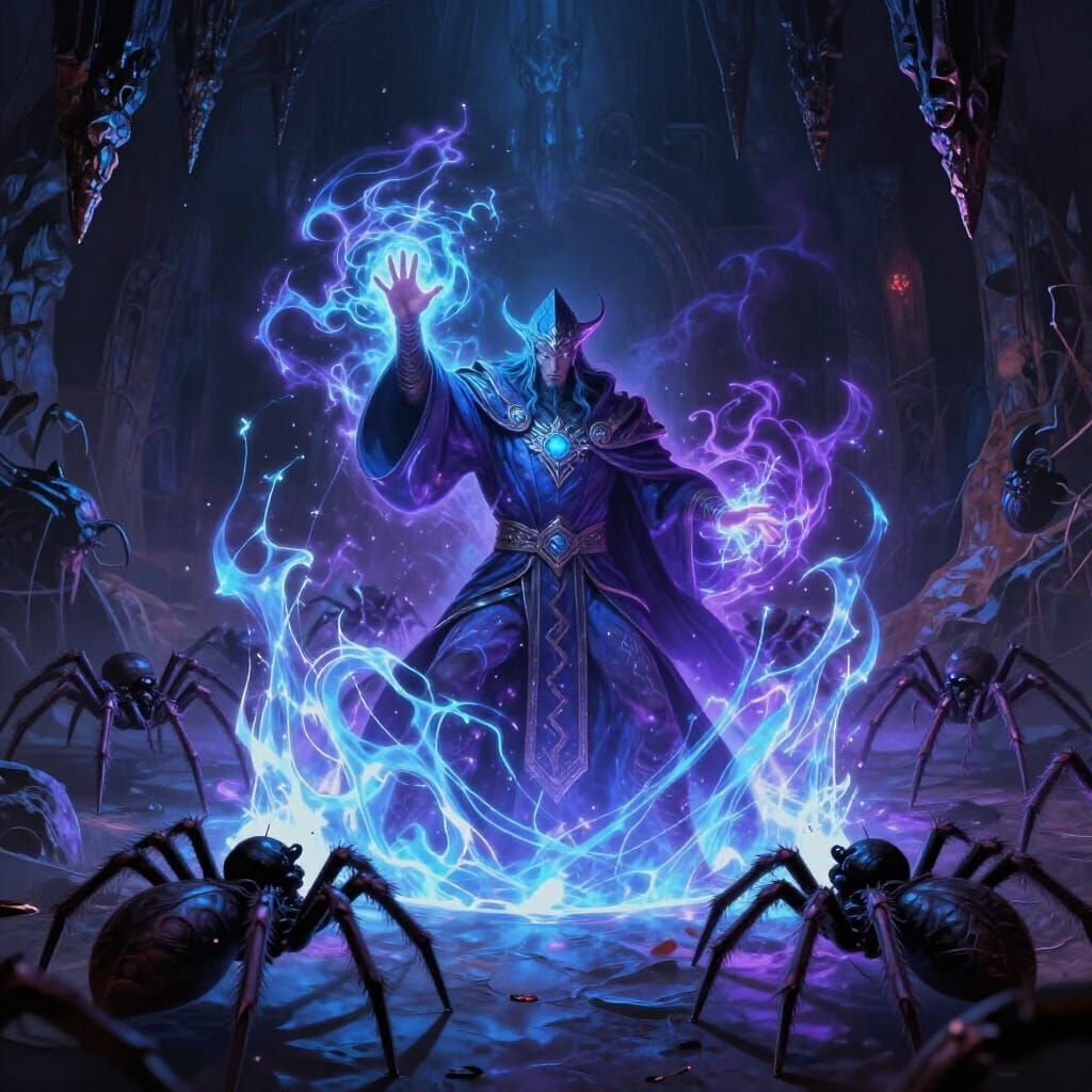 Fantasy Mage Shields Party from Spiders in Epic Concept Art