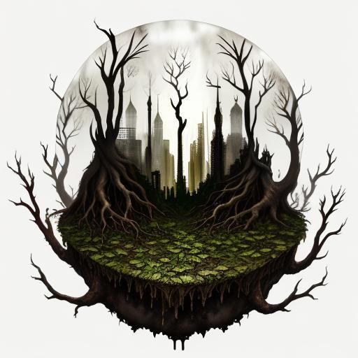 Root Creature Double Exposure Dystopian Cityscape Fantasy