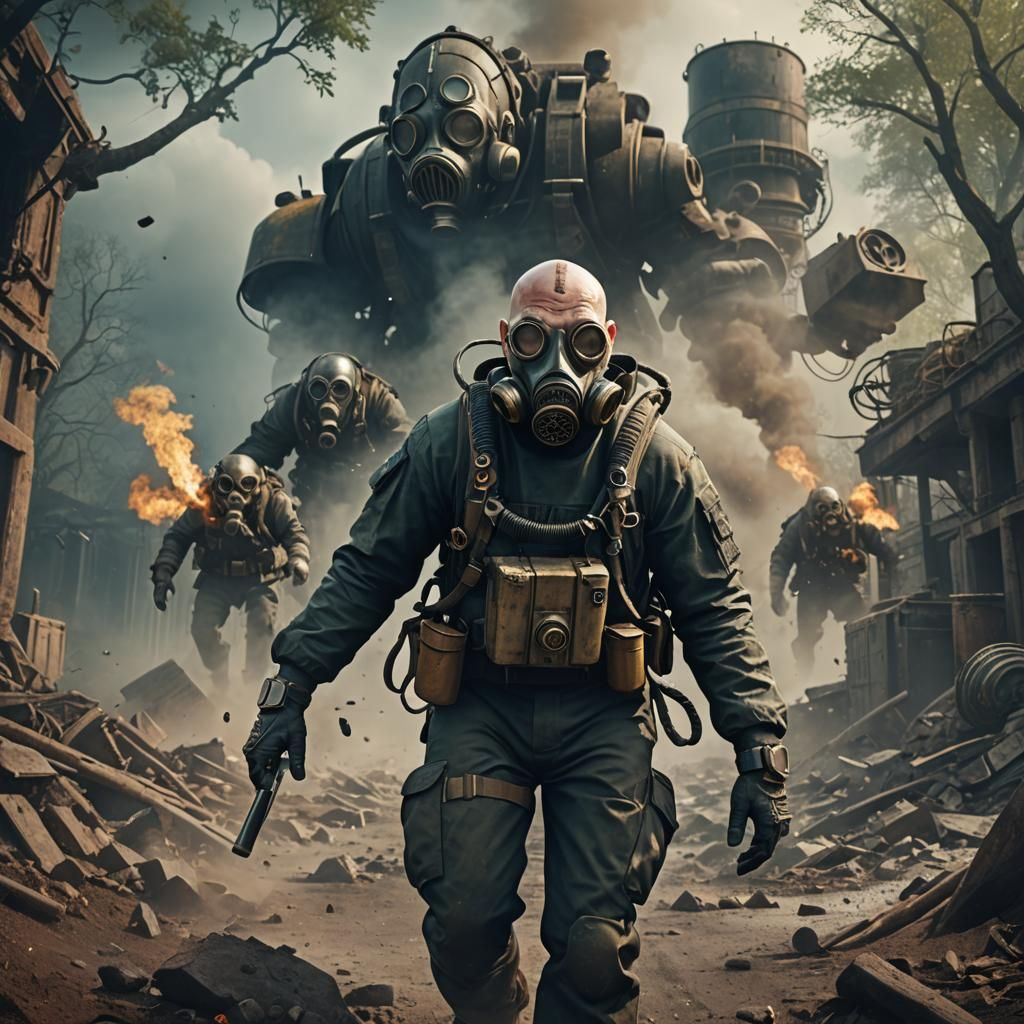 Bald Man with Gas Mask: Detailed Fantasy Art