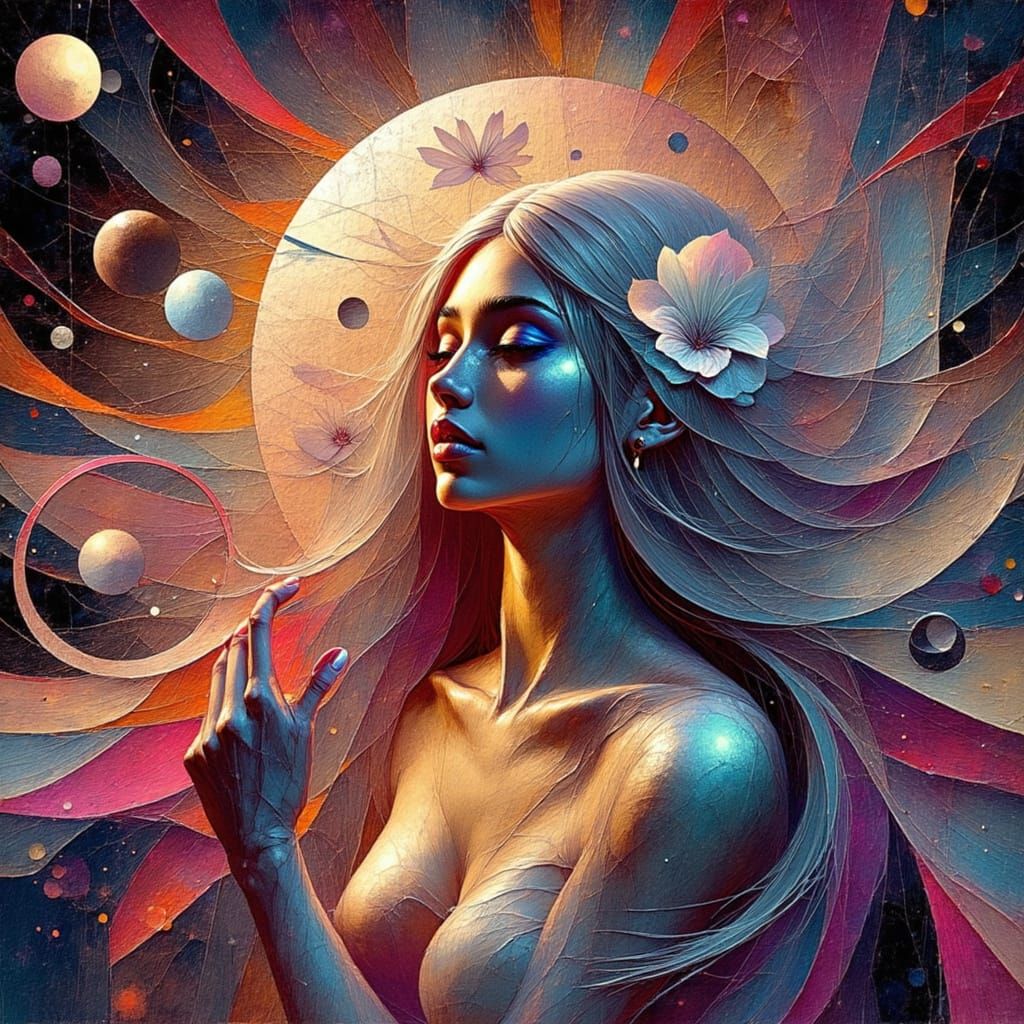 Surrealist Woman in a Dreamlike Atmosphere with Swirling Pat...