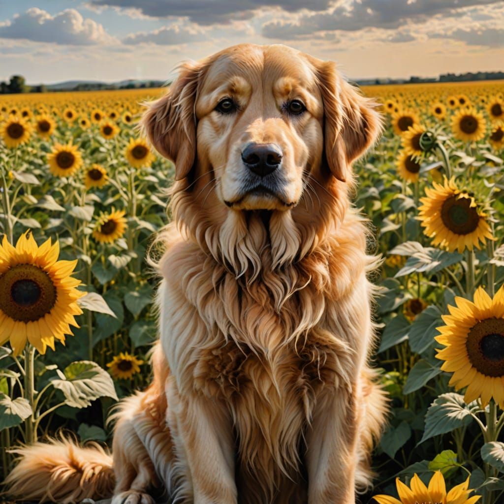 Golden Retriever in a Field of Sunflowers