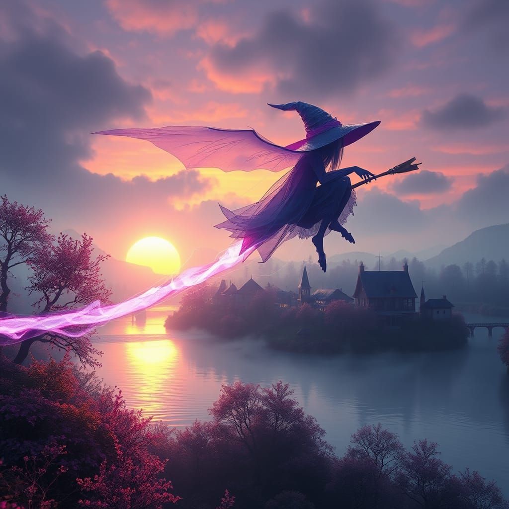 Eerie Witch Over Glowing Town: A Spectral Vision