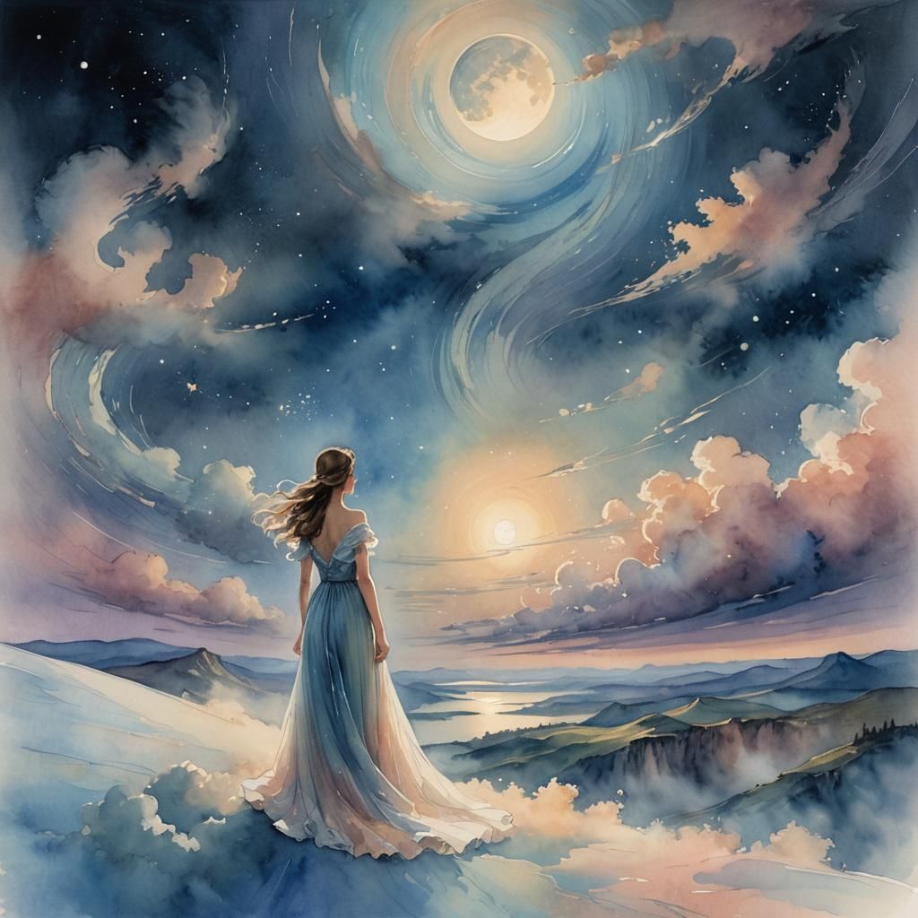 Ethereal Woman at the Edge of Earth in Watercolor