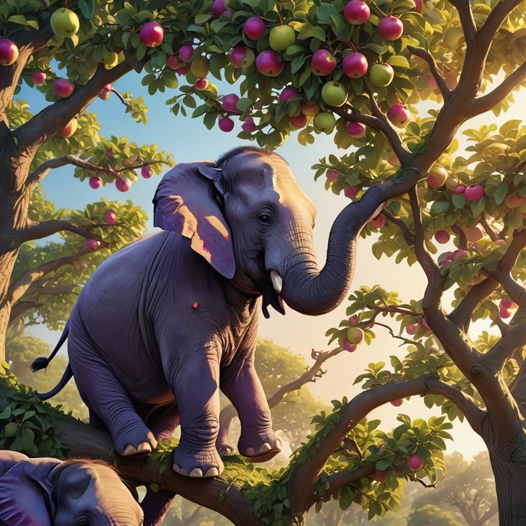 Elephant with Purple Toenails Climbing an Apple Tree