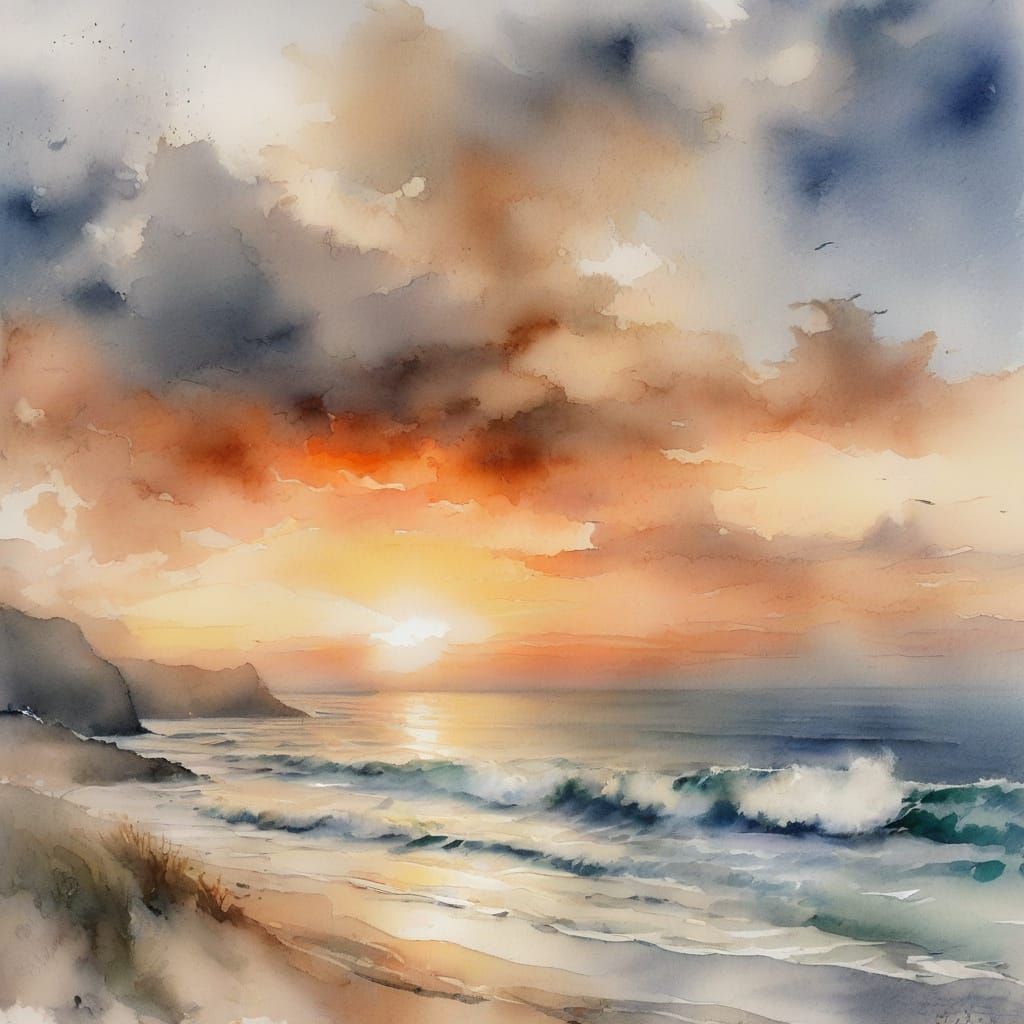 Serene Kalsoy Island Sunset in Dreamy Watercolour