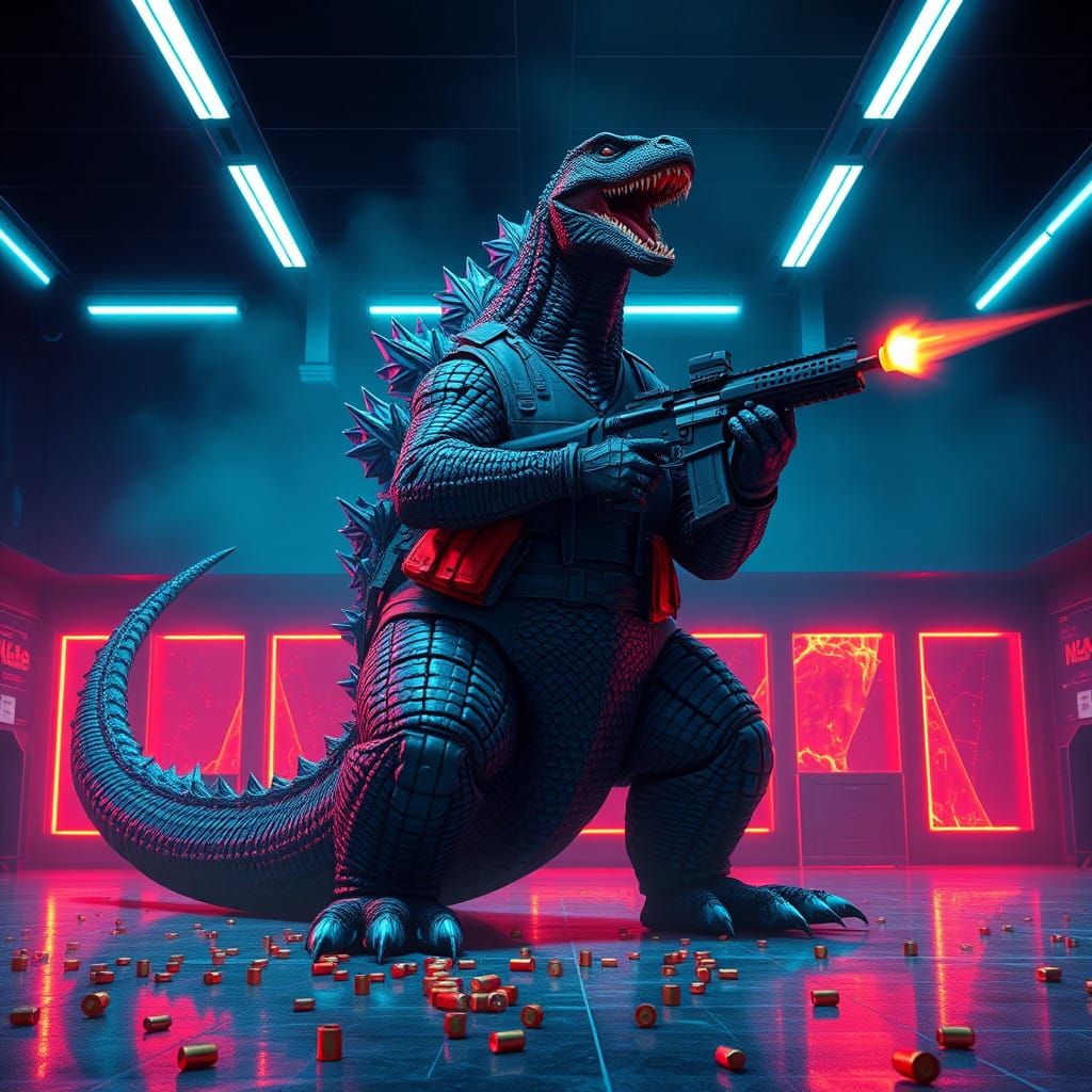 Godzilla Dominates the Tactical Shooting Range in Neon-Lit C...