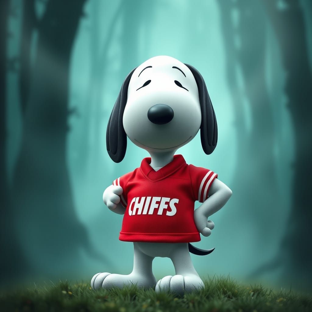 Snoopy proudly wearing a Kansas City Chiefs jersey