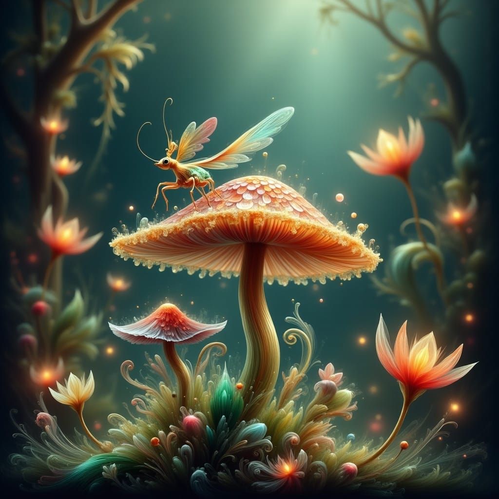 Ethereal Ladybug on Iridescent Mushroom in Dreamlike Jungle