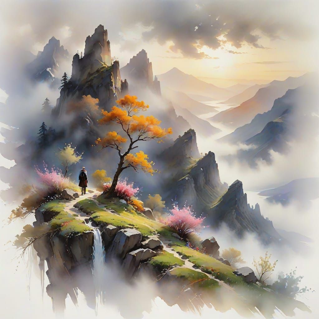 Between dream and reality, layered landscape with flowing mi...