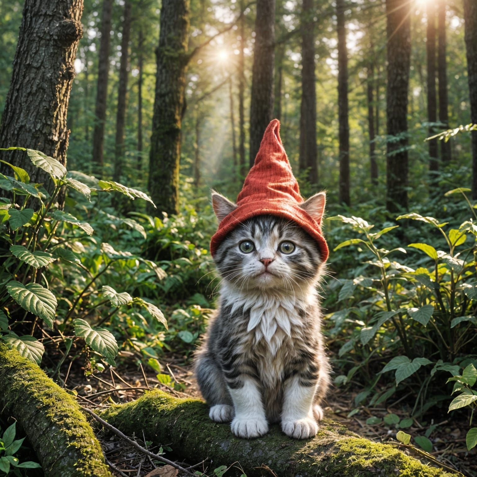 Adorable Kitten Gnome in Forest with Warm Light
