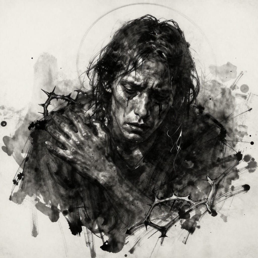 Anguished Figure: Charcoal & Ink Portrait with Ash Halo
