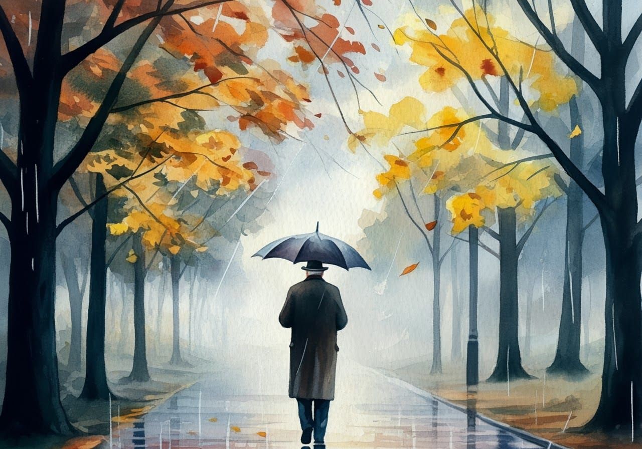 Elderly Man Walking in Rainy Park, Watercolor Style