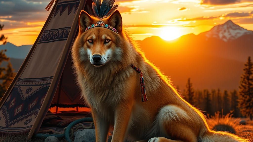 Majestic Golden Wolf in Front of a Native American Teepee